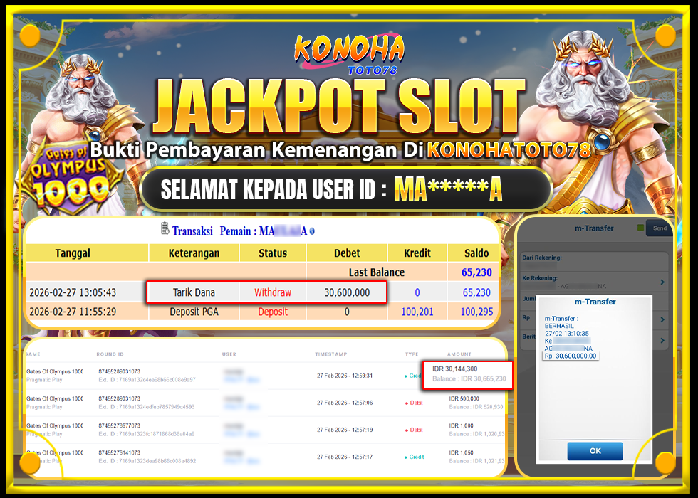 KONOHATOTO78 JACKPOT GATES OF OLYMPUS 1000 Rp.30.600.000,LUNAS